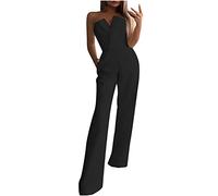 Keepink Combinaison pour femme - Extensible et légère - Sans bretelles - Col en V - Jambe large - Combinaison fluide - Pour l'été, les vacances, les fêtes, les clubs, les mariages, 021 Noir, S