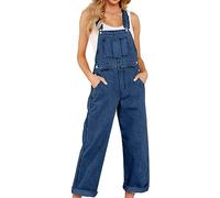 Keepink Combinaisons pour femme - Baggy - Couleur unie - Jeans - Jambe droite - Stretch - Salopette en denim extensible - Bretelles réglables - Barboteuse avec poches, 064 Bleu, XL