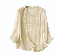 Keepink Haut à manches 3/4 pour femme - Chemise habillée décontractée en lin - Élégante broderie boutonnée - Col en V - T-shirt ample bohème mexicain - Vêtements d'été pour femme, 2 x beiges, 44