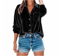Keepink Haut en velours pour femme - Manches longues - Col boutonné - Classique - Vintage - Chemisier ample et décontracté - Élégant - Pour le bureau - Veste d'automne et d'hiver avec poche, 1 noir, L