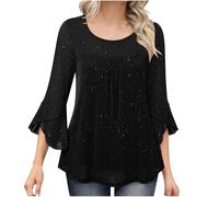 Keepink Haut scintillant pour femme à manches 3/4 - Tunique ample et fluide en mousseline de soie - Élégant double couche - Chemises en maille à paillettes brillantes - Pull de soirée, 2 Noir, 36