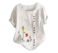 Keepink Hauts d'été pour femmes 2024 - Chemisier ample décontracté en coton et lin - Haut brodé bohème - Manches courtes - Bouton - Tunique vintage - Pull élégant - Grande taille 42-56, 06*Blanc, 44