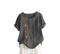 Keepink Hauts d'été pour femmes 2024 - Chemisier ample décontracté en coton et lin - Haut brodé bohème - Manches courtes - Bouton - Tunique vintage - Pull élégant - Grande taille 42-56, 1 gris., 46