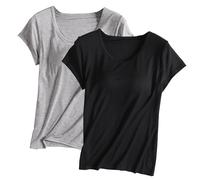 Keepink Lot de 2 t-shirts à soutien-gorge intégré pour femme - Haut rembourré à manches courtes - Pyjama doux - Chemises décontractées pour l'entraînement, le yoga, la gym, l'été - Coupe ample