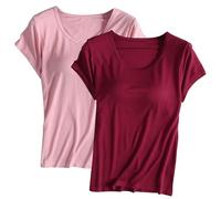 Keepink Lot de 2 t-shirts à soutien-gorge intégré pour femme - Haut rembourré à manches courtes - Pyjama doux - Chemises décontractées pour l'entraînement, le yoga, la gym, l'été - Coupe ample -