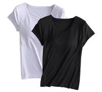 Keepink Lot de 2 t-shirts à soutien-gorge intégré pour femme - Haut rembourré à manches courtes - Pyjama doux - Chemises décontractées pour l'entraînement, le yoga, la gym, l'été - Coupe ample