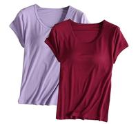 Keepink Lot de 2 t-shirts à soutien-gorge intégré pour femme - Haut rembourré à manches courtes - Pyjama doux - Chemises décontractées pour l'entraînement, le yoga, la gym, l'été - Coupe ample -