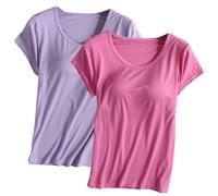Keepink Lot de 2 t-shirts à soutien-gorge intégré pour femme - Haut rembourré à manches courtes - Pyjama doux - Chemises décontractées pour l'entraînement, le yoga, la gym, l'été - Coupe ample -