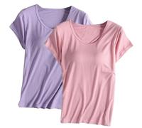 Keepink Lot de 2 t-shirts à soutien-gorge intégré pour femme - Haut rembourré à manches courtes - Pyjama doux - Chemises décontractées pour l'entraînement, le yoga, la gym, l'été - Coupe ample -