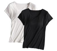 Keepink Lot de 2 t-shirts à soutien-gorge intégré pour femme - Haut rembourré à manches courtes - Pyjama doux - Chemises décontractées pour l'entraînement, le yoga, la gym, l'été - Coupe ample -