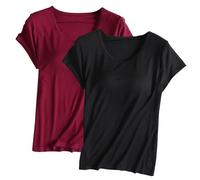 Keepink Lot de 2 t-shirts à soutien-gorge intégré pour femme - Haut rembourré à manches courtes - Pyjama doux - Chemises décontractées pour l'entraînement, le yoga, la gym, l'été - Coupe ample -