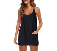 Keepink Mini robe d'été sans manches avec col en V et bretelles spaghetti, tunique décontractée, robe courte athlétique, robe d'été avec poches, cache-maillot de plage, 2 Noir, XL