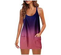 Keepink Mini robe d'été sans manches avec col en V et bretelles spaghetti, tunique décontractée, robe courte athlétique, robe d'été avec poches, cache-maillot de plage, 3 violet., L