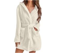 Keepink Peignoir pelucheux pour femme, robe de chambre mi-longue à capuche avec ceinture, robe de chambre unie, confortable et douce, peignoir de bain en peluche avec poches, robe de spa chaude pour