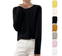 Keepink Pull à col rond et manches longues pour femme - Pull ample en coton tricoté - Chaud et léger - Tunique à capuche - Tenue d'automne et d'hiver, 01 Noir, 46