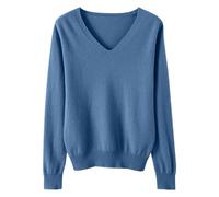Keepink Pull décontracté en tricot pour femme - Pull ample léger et doux à manches longues - Sweatshirt d'automne et d'hiver - Tunique de travail - Col en V - S-XXL, 2 bleus., 10