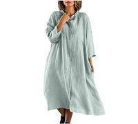 Keepink Robe chemise pour femme à manches longues en coton et lin - Robe midi ample élégante à revers boutonné - Robe de travail bohème longue - Vêtements de plage S à 4XL, 1 gris., 48