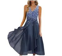 Keepink Robe d'Été Élégante pour Femmes UK - Sans Manches, Appliques Paillettes, Longue Formelle, Cocktail de Mariage, Soirée, Grande Taille 36-50, 2 x Bleu Marine, 50