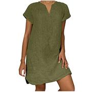 Keepink Robe d'été grande taille pour femme 36-50 - Robe t-shirt en lin unie décontractée avec col en V - Robe midi à manches courtes - Robe tunique élégante pour les sorties et les vacances, 2 x vert