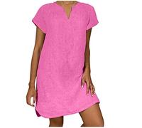 Keepink Robe d'été grande taille pour femme 36-50 - Robe t-shirt en lin unie décontractée avec col en V - Robe midi à manches courtes - Robe tunique élégante pour les sorties et les vacances, 2 roses,