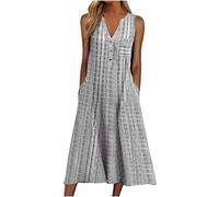 Keepink Robe d'été mi-longue sans manches avec imprimé rayé boutonné et col en V pour femme, robe longue bohème, coupe ample, robe d'été trapèze avec poches, robe de plage pour vacances, 1 gris., 40