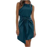 Keepink Robe d'été pour femme en satin élégant à nouer cintrée sans manches - Robe débardeur courte froncée fendue - Robe de cocktail formelle pour invitée de mariage, robe de travail, 1 x bleu foncé,
