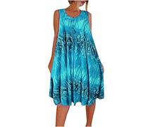 Keepink Robe d'été pour femme, robe d'été sans manches, robe d'été à imprimé floral, robe bohème, mini robe débardeur fluide, robe tunique trapèze pour femme, grande taille 36-50, 1 bleu clair., 44
