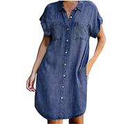 Keepink Robe en jean pour femme, robe d'été à manches courtes et boutonnée, robe chemise en jean décontractée, robe courte ample et fluide à volants avec poches, tailles S à XL, 1 bleu foncé., 44
