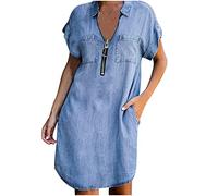 Keepink Robe en jean pour femme, robe d'été à manches courtes et boutonnée, robe chemise en jean décontractée, robe courte ample et fluide à volants avec poches, tailles S à XL, 2 bleus., 44