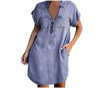 Keepink Robe en jean pour femme, robe d'été à manches courtes et boutonnée, robe chemise en jean décontractée, robe courte ample et fluide à volants avec poches, tailles S à XL, 3 violet., 36