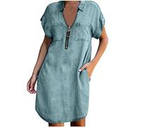 Keepink Robe en jean pour femme, robe d'été à manches courtes et boutonnée, robe chemise en jean décontractée, robe courte ample et fluide à volants avec poches, tailles S à XL, 3 Bleu clair, 42