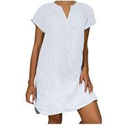 Keepink Robe en lin pour femme - Grande taille - Robe d'été unie - Col en V - Manches courtes - Longueur genou - Robe de plage - Robe tunique ample, 2 blanches., 46