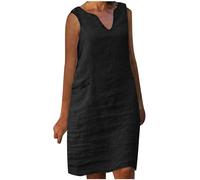Keepink Robe en lin pour femme - Longueur genou - Sans manches - Mini robe d'été décontractée à col rond - Robe tunique ample - Robe de vacances - Robe de plage, 2 x Noir, 38