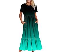 Keepink Robe longue d'été décontractée à manches courtes et col rond pour femme - Robe trapèze à volants - Imprimé dégradé - Robe élégante pour fête, mariage, vacances - Robe de plage longue avec