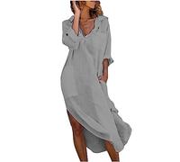 Keepink Robe longue en coton et lin à manches longues pour femme - Style décontracté - Col en V - Style bohème - Fente latérale - Avec poches, 3 x gris, 40
