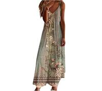 Keepink Robe longue pour femme avec col en V et bretelles spaghetti imprimées, robe décontractée, robe de demoiselle d'honneur, robe de plage bohème, robe longue grande taille S à 3XL, 1 vert., 40