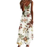 Keepink Robe longue pour femme avec col en V et bretelles spaghetti imprimées, robe décontractée, robe de demoiselle d'honneur, robe de plage bohème, robe longue grande taille S à 3XL, 3 x