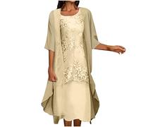 Keepink Robes de mère de la mariée 2 pièces pour femme - Robe élégante en dentelle ajourée à manches longues + robe sans manches pour invités de mariage, 6 jaunes, L