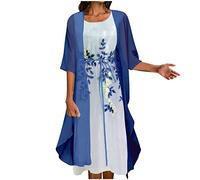 Keepink Robes de mère de la mariée 2 pièces pour femme - Robe élégante en dentelle ajourée à manches longues + robe sans manches pour invités de mariage, 7 bleus, XL