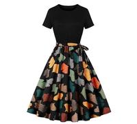 Keepink Robes d'été pour femmes UK Petites Dames Robes vintage des années 50 et 60 Robes décontractées à manches courtes à coupe évasée Robes swing vintage avec ceinture Taille empire Robes de