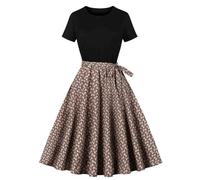Keepink Robes d'été pour Femmes UK Petites Dames Vintage Robes des Années 50 et 60 Robes Décontractées à Manches Courtes à Fente avec Ceinture Taille Empire Robes de Cocktail pour Soirées et Occasions