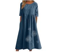 Keepink Robes en lin pour femmes, robes d'été grande taille, jolie robe imprimée pissenlit, robe midi ample à manches courtes, robe t-shirt décontractée, robe de vacances de plage avec poches, 36 à