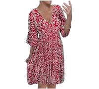 Keepink Robes grande taille pour femme 42-50 - Manches cloches 3/4 - Robe tunique ample à col en V - Robe courte décontractée florale élégante - Petite robe bohème pour femme - Robe d'été pour invitée