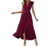 Keepink Robes pour femmes UK Élégante robe d'invitée de mariage bohème à pois suisses sans manches Robe d'été à col en V Robe longue fendue avec ceinture Taille 36-44, 2 bouteilles de vin, 42