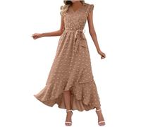 Keepink Robes pour femmes UK Élégante robe d'invitée de mariage bohème à pois suisses sans manches Robe d'été à col en V Robe longue fendue avec ceinture Taille 36-44, 1 kaki, 42