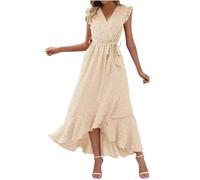 Keepink Robes pour femmes UK Élégante robe d'invitée de mariage bohème à pois suisses sans manches Robe d'été à col en V Robe longue fendue avec ceinture Taille 36-44, 1 x beige, 44