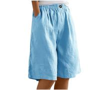 Keepink Short en Lin pour Femme - Longueur Genou - Bermuda d'Été Baggy Droit - Jambe Large - Taille Élastique - Short de Plage Décontracté avec Poches, 1 x Bleu Ciel, S