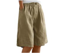 Keepink Short en Lin pour Femme - Longueur Genou, Bermuda Taille Élastique, Baggy Droit, Jambe Large - D'été, de Plage Décontracté avec Poches, 1 Kaki, XL