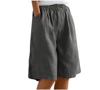 Keepink Short en Lin pour Femme - Longueur Genou - Bermuda Taille Élastique - D'été Baggy Droit Jambe Large - De Plage Décontracté avec Poches, 1 x Gris Foncé