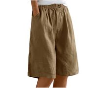 Keepink Short en lin pour femme - Longueur genou - Bermuda - Taille élastique - Short d'été baggy droit - Jambe large - Short long pour femme - Short de plage décontracté avec poches, 5 kaki., M